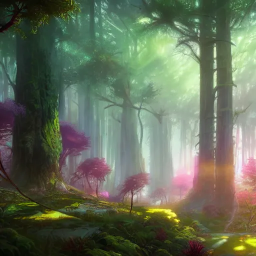 Image similar to concept art painting of a mystical alien fantasy forest, with fog and strange colorful plants, realistic, detailed, cel shaded, magenta and blue and green, in the style of makoto shinkai and greg rutkowski and james gurney