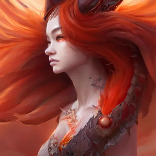 Image similar to A full-length portrait of a beautiful fire fox with nine tails，full of details, concept art, smooth, by Kittichai Rueangchaichan and wlop ，trending on cgsociety and artstation，8kHDR，light effect