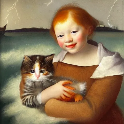 Prompt: oil painting of a young freckled redhead girl smiling and holding a scared kitten in a boat, in rough seas with large waves, dark clouds and lightning, depicted for a children\'s book, in the style of vermeer