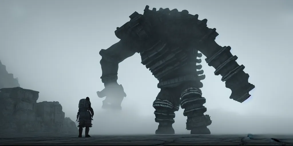 Prompt: colossus from shadow of the colossus with a white fur, fog, dark, fantasy, shadow of the colossus screenshot, unreal engine, digital art