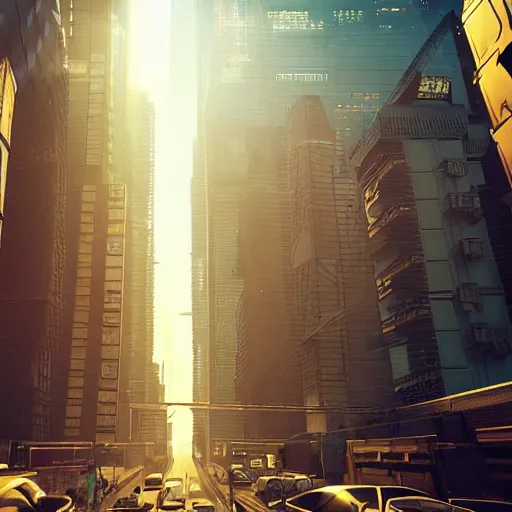 Image similar to cyberpunk cityscape like tokyo newyork street with tall buildings at dusk golden hour cinematic lighting, epic composition. A golden daylight, hyper-realistic environment. Hyper and intricate detail, photo-realistic. Cinematic and volumetric light. Epic concept art. Octane render and Unreal Engine, trending on artstation-H 768