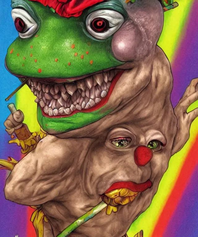 Image similar to clown frog king pulls the sword from the stone, clown frog king wearing clown makeup and rainbow wig, clown crown artwork by Glenn Fabry