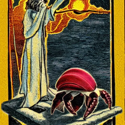 Prompt: Hermit crab on an Alister Crowley IX Hermit tarot card