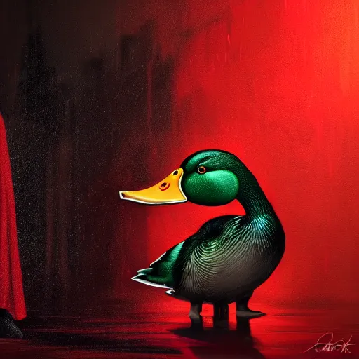 Prompt: portrait of cute mallard duck, wearing cultist red robe, inside a castle, black feathers, glowing arcane eyes, very detailed black feathers, ultra detailed, expressive oil painting digital art, 8 k, octane render, trending on art station, epic castle scene