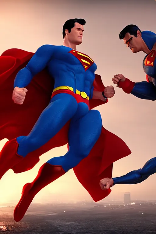 Image similar to superman fights the Protector of the boys, realistic, high definition, many details, dramatic scene, detailed and realistic hands, symmetrical face, realistic eyes, art of unreal engine 5