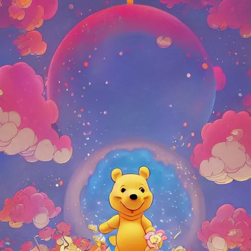 Prompt: winnie the poo by takashi murakami,, beeple and james jean, aya takano color style, 4 k, super detailed, night sky, digital art, digital painting, celestial, majestic, colorful