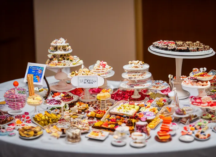 Image similar to a table with a white map full of sweets and bite sized deserts. highly detailed 8 k. intricate. nikon d 8 5 0 3 0 0 mm. award winning photography.