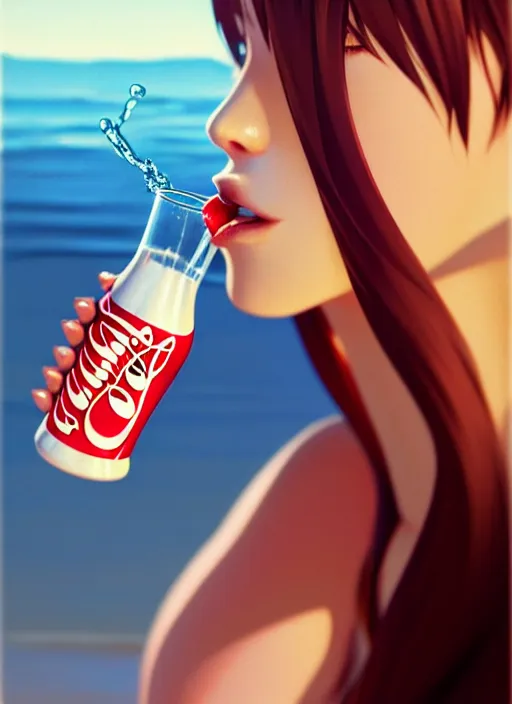 Image similar to full body picture of a extremely beautiful and attractive and cute and aesthetic girl drinking a coke, highly detailed face, very thirsty, dripping on the body, sharp focus, shiny day on the beach, specular reflection, occlusion shadow, trending on artstation, epic light novel cover art, art by ilya kuvshinov and sakimichan and jeremy lipking