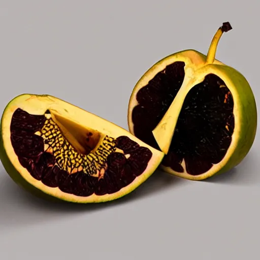 Image similar to mc escher fruit cut in half resting on table