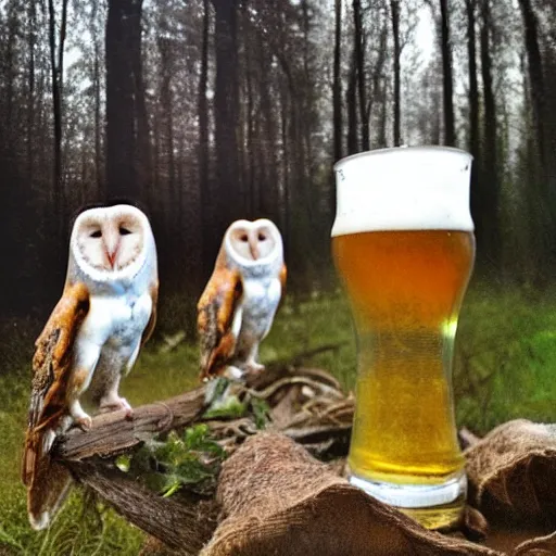 Prompt: barn owls drinking beer from a can in a forest made op fresh hops