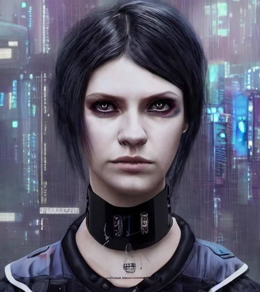 Prompt: detailed realistic female character cyberpunk wearing thick steel collar around neck, realistic, art, beautiful, 4K, collar, choker, collar around neck, punk, artstation, detailed, female, woman, choker, cyberpunk, neon, punk, collar, choker, collar around neck, thick collar, tight around neck, punk, looking straight forward, symmetrical eyes, beautiful eyes, realistic eyes