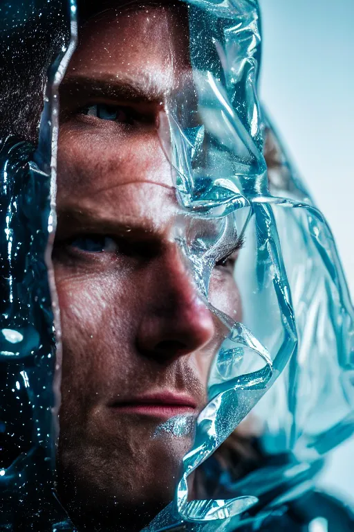 Image similar to an ultra high definition professional high fashion portrait studio full length photograph of a tarzan wearing a transparent pearlescent raincoat and neon visor in an icelandic black rock environment at dawn. no artefacts. extremely detailed. stark. refraction. shallow depth of field. volumetric light and shadow. ray tracing. light rays.