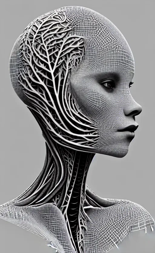 Image similar to a black and white 3D render of a beautiful profile face portrait of a female vegetal-dragon-cyborg, 150 mm, orchid stems, ivy, fine vegetal lace, Mandelbrot fractal, anatomical, flesh, facial muscles, microchip, veins, arteries, full frame, microscopic, elegant, highly detailed, flesh ornate, elegant, high fashion, rim light, octane render in the style of H.R. Giger