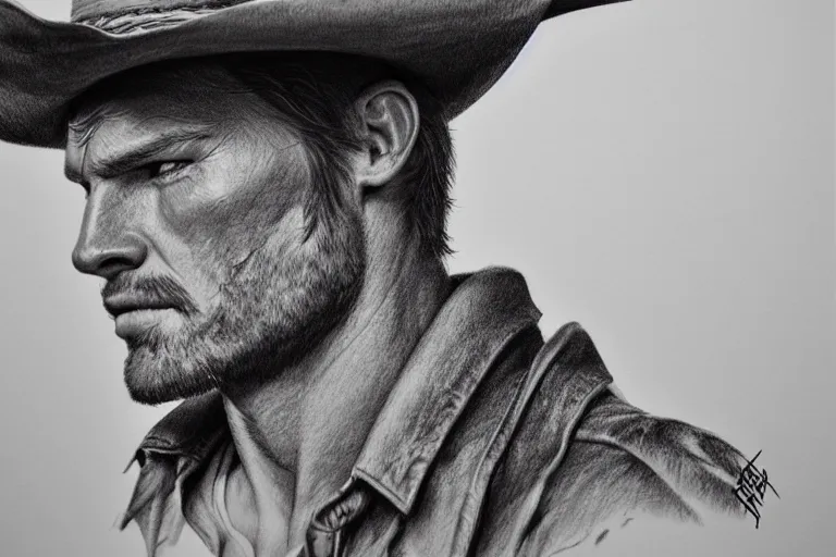 Image similar to hyperrealist pencil sketch of a cowboy by david malan, fantasy art, drawing, dynamic lighting, artstation, poster, volumetric lighting, very detailed faces, 4 k, award winning