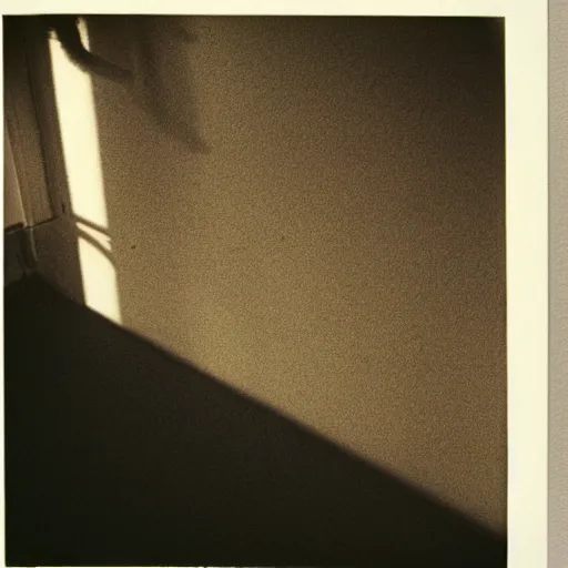 Prompt: wide - shot low - angle ant's eye view of cat shadow on the wall, polaroid photo, by andy warhol