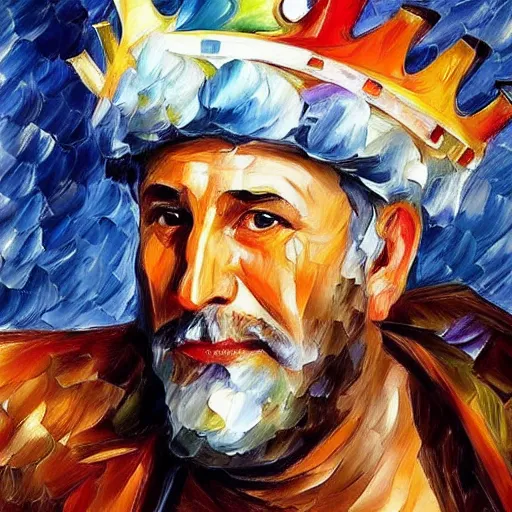 Prompt: portrait of a very very old, olive skinned king witha very long white beard and blue crown by leonid afremov