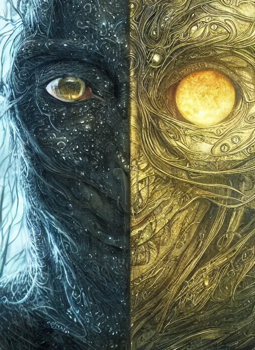 Image similar to glowing silver and golden elements, full close-up portrait, ghibli crow, book cover, green forest, white moon, establishing shot, extremly high detail, photo-realistic, cinematic lighting, pen and ink, intricate line drawings, by Yoshitaka Amano, Ruan Jia, Kentaro Miura, Artgerm, post processed, concept art, artstation, matte painting, style by eddie mendoza, raphael lacoste, alex ross