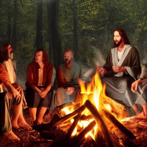 Image similar to jesus talking with 6 people around a campfire, realistic