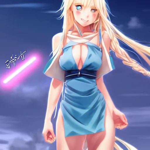 Image similar to a very beautiful young anime jedi girl, full body, long wavy blond hair, sky blue eyes, full round face, evil grin, bikini, miniskirt, front view, mid - shot, highly detailed, cinematic wallpaper by stanley artgerm lau