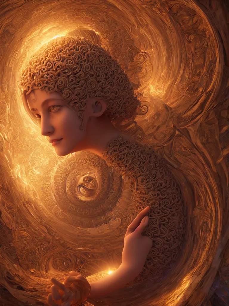 Image similar to a beautiful goddesses is generating energy fields and spiral fractal sacred geometry, by justin gerard and james jean, 3 d, cinema 4 d render, trending on artstation, octane render, 8 k