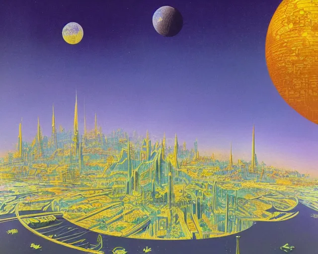 Prompt: a hyper detailed view of a large domed city on the moon, solarpunk, ecopunk, futuresynth, majestic, epic metropolis, by eyvind earle and patrick woodroffe