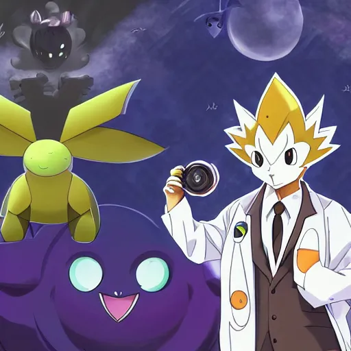 Image similar to Spooky fox in a Halloween lab coat as a Pokémon TCG scientist in the same vein as Game Boy Pokémon TCG card professor Dr. Mason, official 2000 character artwork, key anime visual