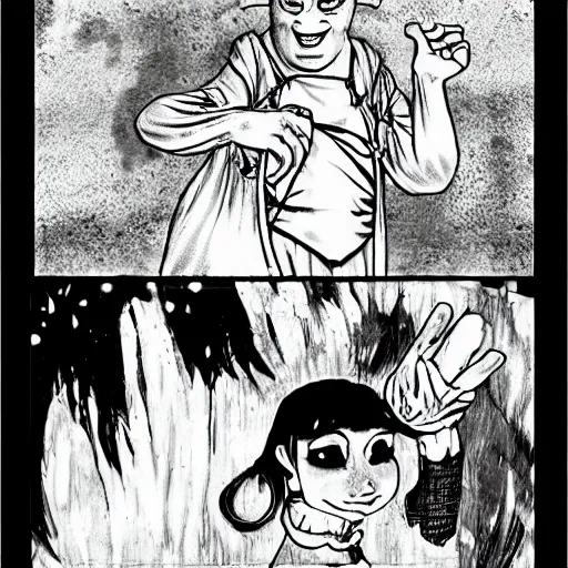 Image similar to Shrek in a manga, style of junji ito