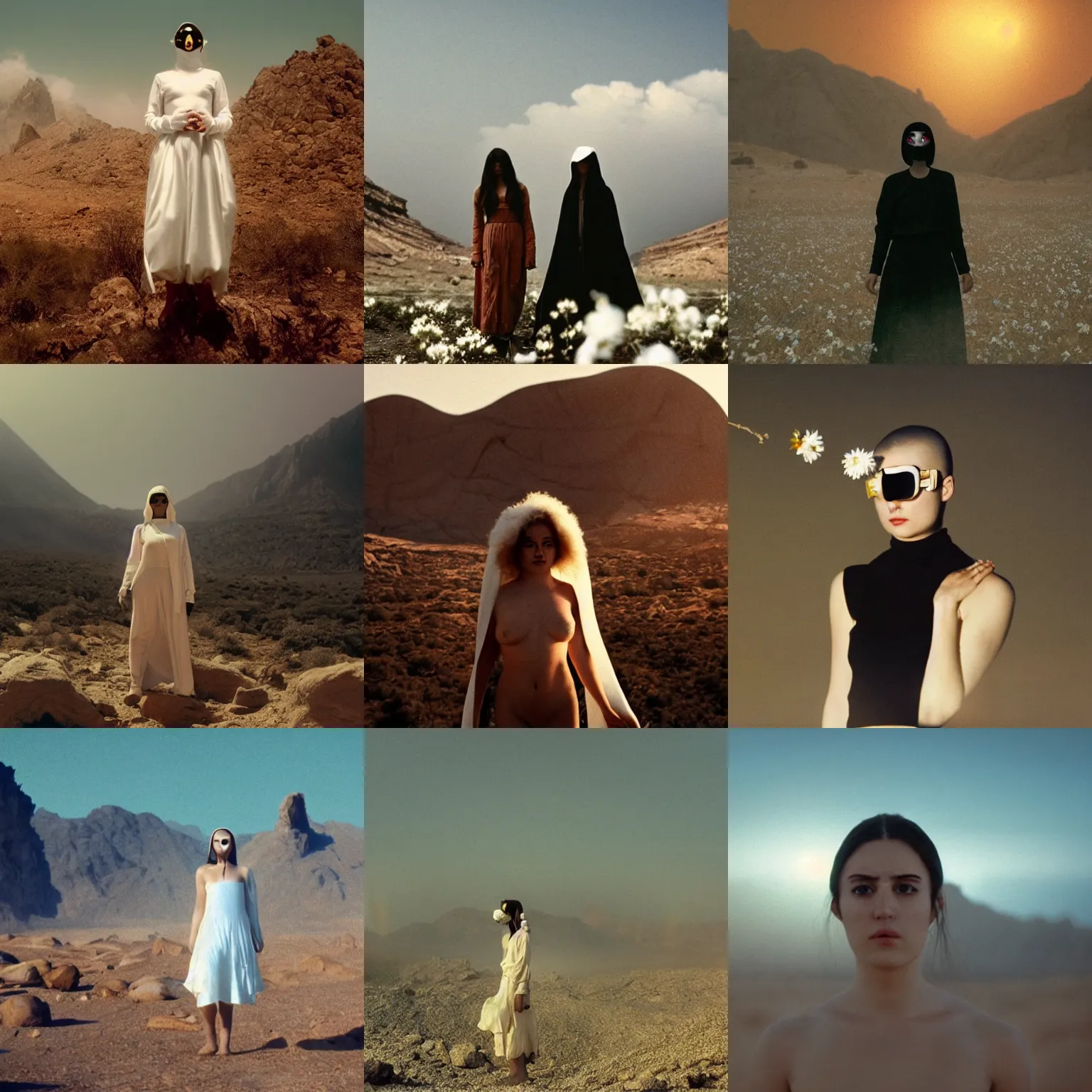 Prompt: The full body shot of beautiful pale woman with white flowers and full-face golden mask in a haze rocky desert landscape, black smoke, multiple eyes by Gaspar Noe and Christopher Doyle, anamorphic lens, anamorphic lens flares, kodakchrome, cinematic composition, practical effects, award winning photo, 8k