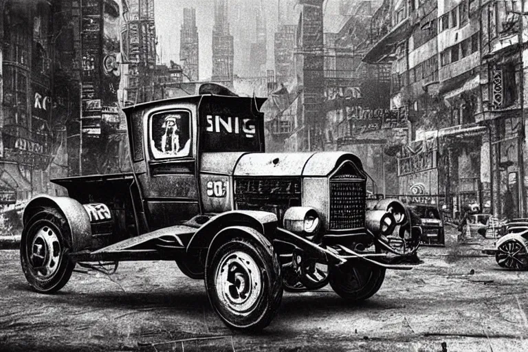 Prompt: cyberpunk 1 9 0 8 model ford t by paul lehr, beksinski, metropolis, parked by view over city, vintage film photo, robotic, damaged photo, scratched photo, silent movie, black and white photo