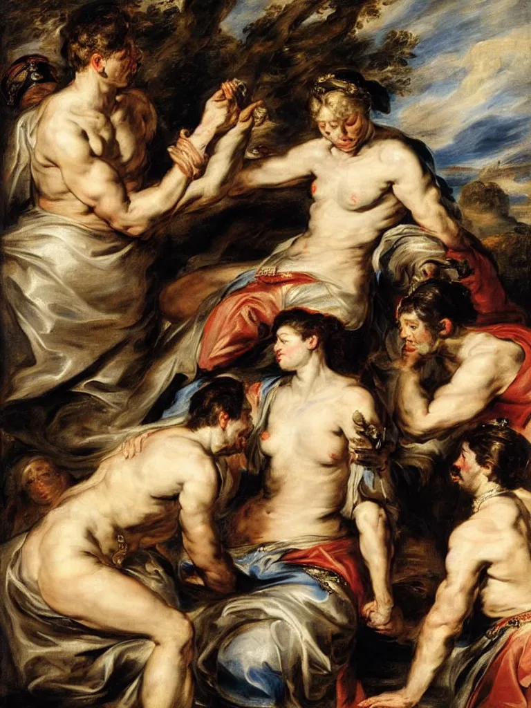 Image similar to a soldier lays his hand on top of the queens head, by peter paul rubens and eugene delacroix, intimate, relaxed posture, high definition, delicate, dimly lit, private moment