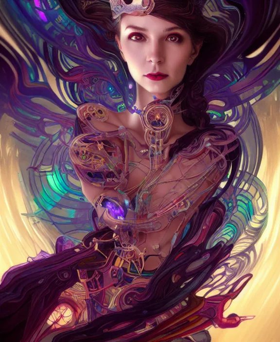 Image similar to whirlwind of souls rushing inside the metaverse, half body, tiara, tattoo, pharaoh, android, cyborg, cyberpunk face, by loish, d & d, fantasy, intricate, elegant, highly detailed, colorful, vivid color, digital painting, artstation, concept art, art by artgerm and greg rutkowski and alphonse mucha and ruan jia