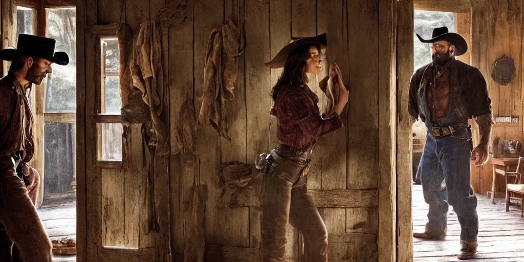 Prompt: in an old west cabin, close up shot of beautiful Mila Jovovich (alone) in the doorway and Dave Bautista cowboy standing ((alone)) at the window talking to each other , in the style of Fredrick Remington, oil painting