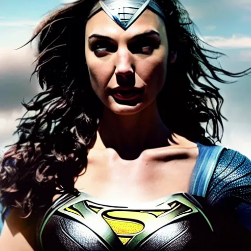 Prompt: an potrait of gal gadot play Man of Steel replacing Henry Cavill, she looking to camera, photorealistic, 4k