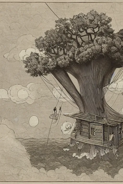 Image similar to a detailed illustration of a two storied wooden cabin floating on three giant fabric balloons through the clouds, an old tree is growing through its roof