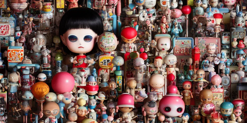 Image similar to closeup portrait of tin toy retro tokyo corner store, depth of field, zeiss lens, detailed, centered, photoshoot, by nicoletta ceccoli, mark ryden, lostfish, breathtaking, 8 k resolution, extremely detailed, beautiful, establishing shot, artistic, hyperrealistic, octane render, - h 8 0 4