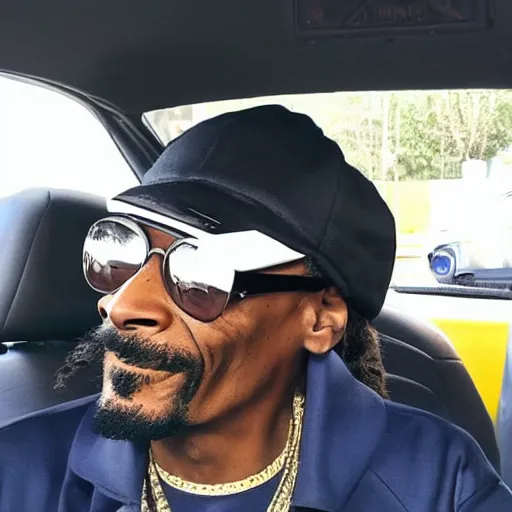 Image similar to Snoop Dogg is sitting in a police car wearing a cap C-11