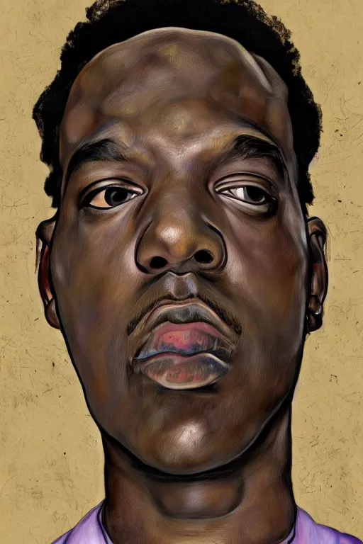 Image similar to a portrait of biggie small in style of egon schiele, masterpiece, hyperdetailed, complex, intricate, 4 k, trending on artstation