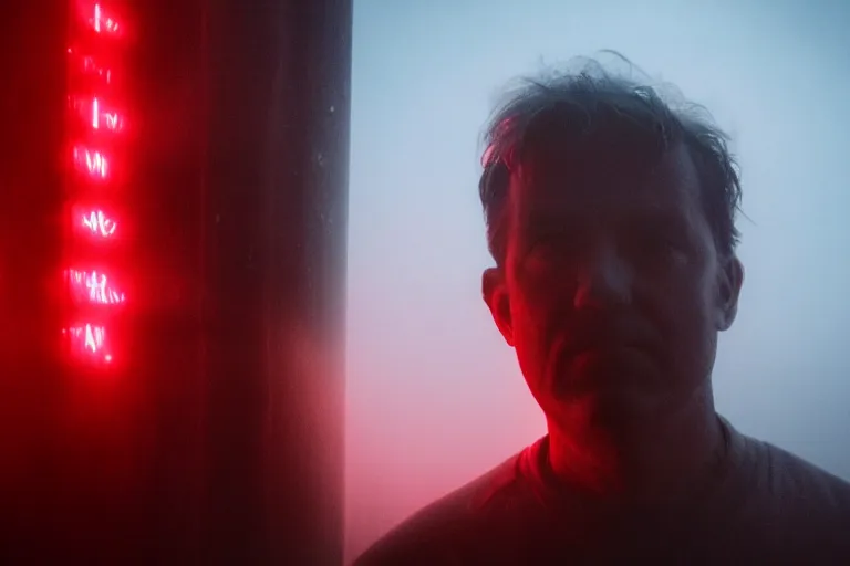 Prompt: a cinematic perfectly lit headshot portrait of an emotional middle aged male stood in a fog filled field, a neon light shines in the distance, ultra realistic, depth, beautiful lighting