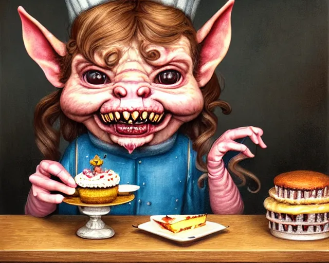 Image similar to closeup profile portrait of a medieval goblin eating cakes in a 1 9 5 0 s diner, nicoletta ceccoli, mark ryden, lostfish, max fleischer, hyper realistic, artstation, illustration, digital paint, matte paint, vivid colors, bright, cheerful, detailed and intricate environment