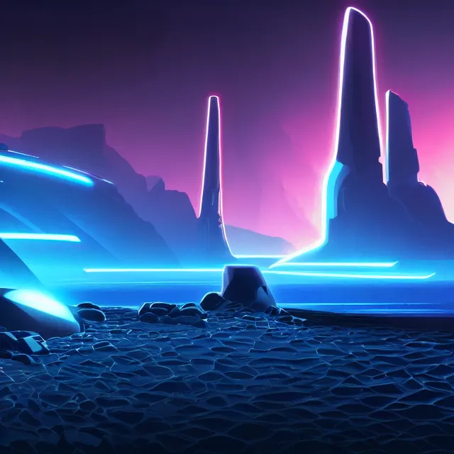 Image similar to a black sandy beach with monoliths in the background, tron legacy!, blue and orange neon lights, dark waters, dark lighting, misty background, vivid colors, high detail, trending on artstation, deviantart featured