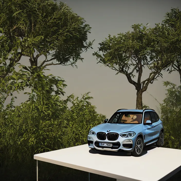 Prompt: a miniature of a BMW X3 on a white table near a vase with a plant at sunset, godrays, calm, relaxing, beautiful landscape, octane render, unreal engine 5, complementary colours, high quality, highly detailed, serene landscape