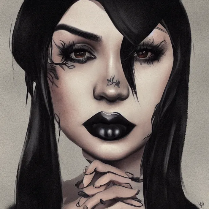 Prompt: gothic kylie jenner, portrait, hyperrealistic, emo, beautiful face, digital art, hd, concept art, by kara walker, by wlop