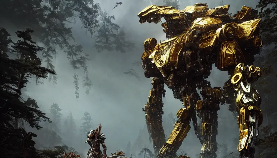 Image similar to large walking mech covered in gold and silver armor with elden ring and horizon zero dawn aesthetic, covered in moss and birds, glowing lights, beautiful forests and trees, intricate detail, epic wallpaper, art by darek zabrocki and John Park and Feng Zhu and Jason Chan, trending on artstation, masterpiece.