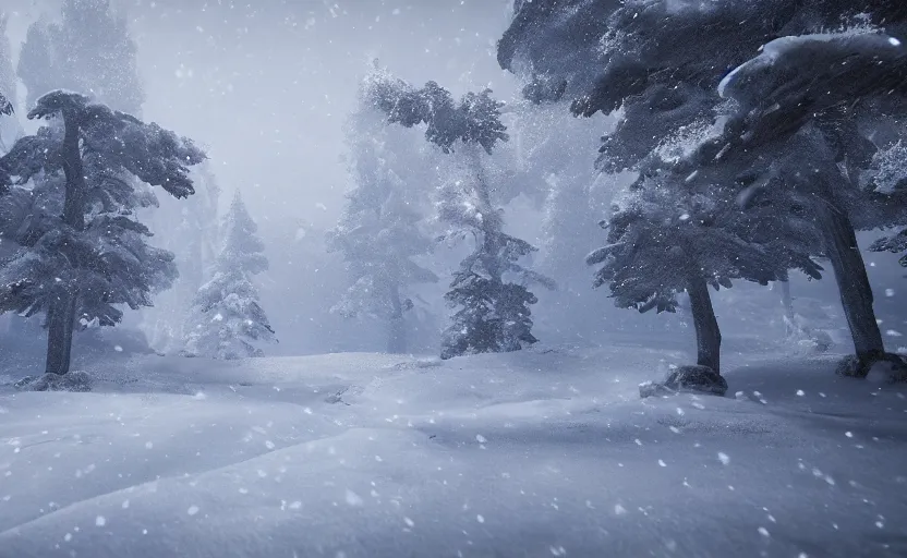 Prompt: winterfall in the snowstorm, doomy, Unreal Engine, cinematic photography, highly-detailed, games of thrones, HBO, high resolution, 8k, photorealistic, stunning volumetric lighting