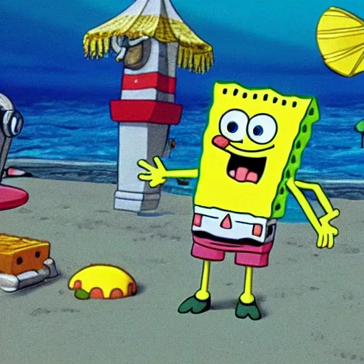 Prompt: close up of bikini bottom and spongebob, cinematographic shot,