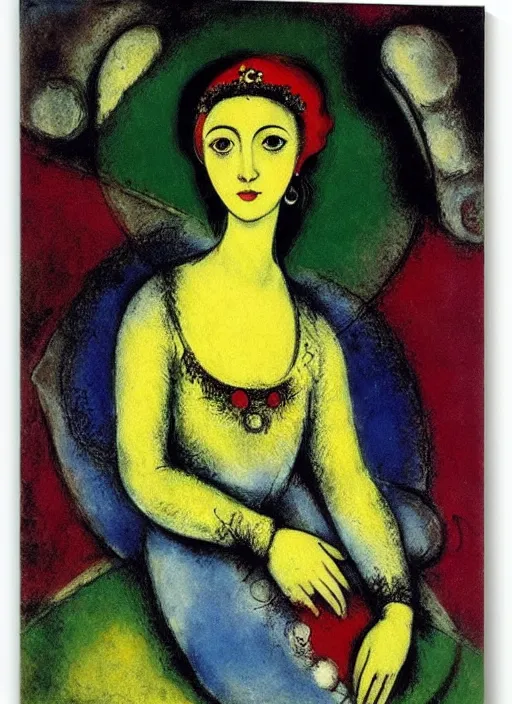 Prompt: portrait of young woman in renaissance dress and renaissance headdress, art by marc chagall