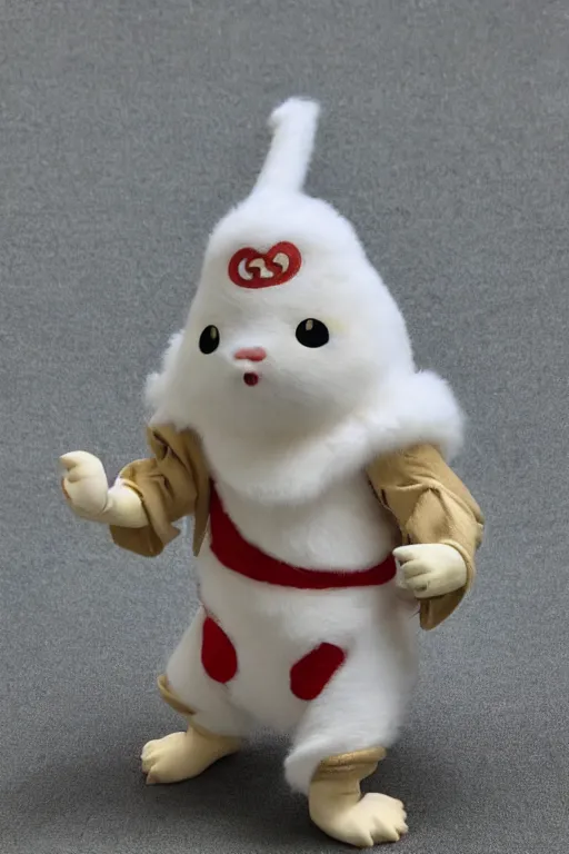 Prompt: 35mm of a very cute, simple minimal, adorable and creative Japanese momonga mascot character costume, full body and head view, very magical and dreamy, designed by Gucci and Wes Anderson, kawaii, magical details
