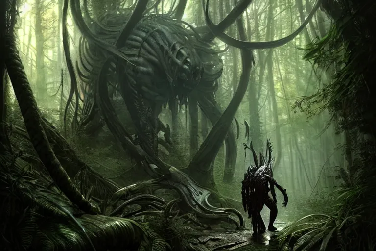 Prompt: ultra realistic, predator walking through dark forest, sci - fi, intricate details, eerie, highly detailed, octane render, 8 k, art by artgerm and alphonse mucha and greg rutkowski