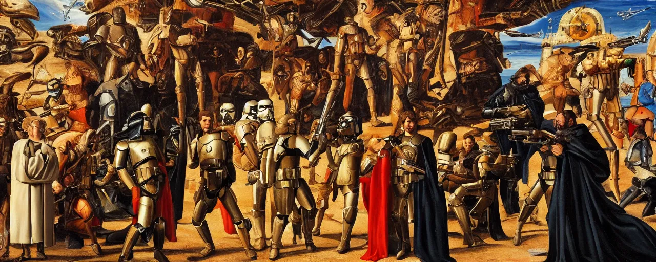 Prompt: An oil painting of Star Wars in renaissance Italy ”