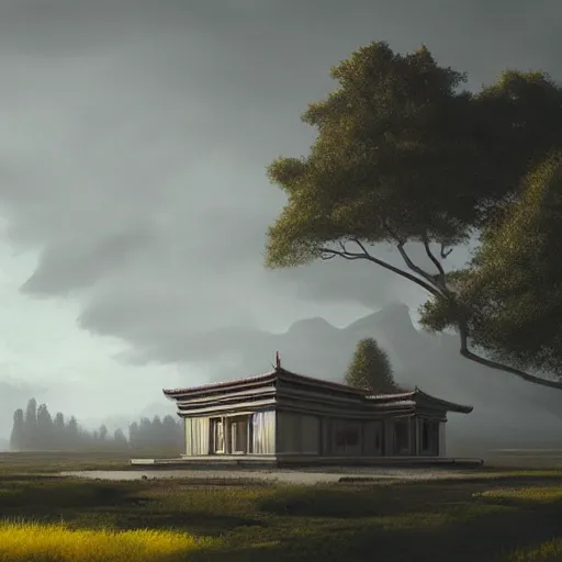 Prompt: rectangular house inspired by a tibetan palace, open field, big trees, yellow clouds, dramatic lighting, artstation, matte painting, raphael lacoste, simon stalenhag, frank lloyd wright